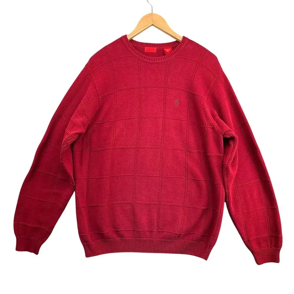 Izod Vintage Red Textured Windowpane Check Pattern Cotton Crewneck Sweater Men L